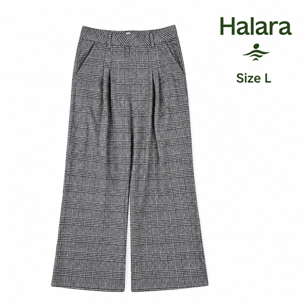 Halara Pants Womens L Gray Plaid Wide Leg High Waist Pleated Stretch NWT